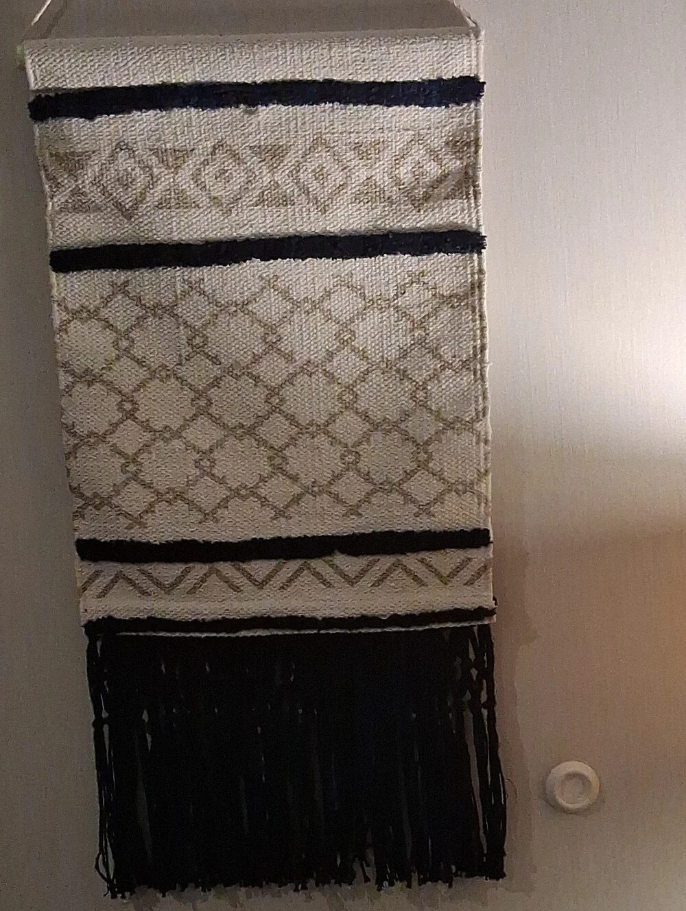 2 Neutral Cream and Black Woven Wall Hanging with Fringe - Home Wall Decor